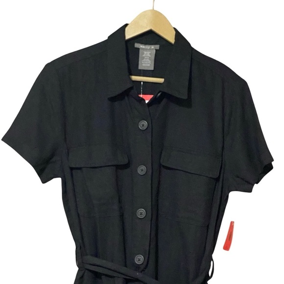 Matty M Linen Blend Button Front Romper M Black Casual Collar Belted Pockets NWT - Picture 3 of 8